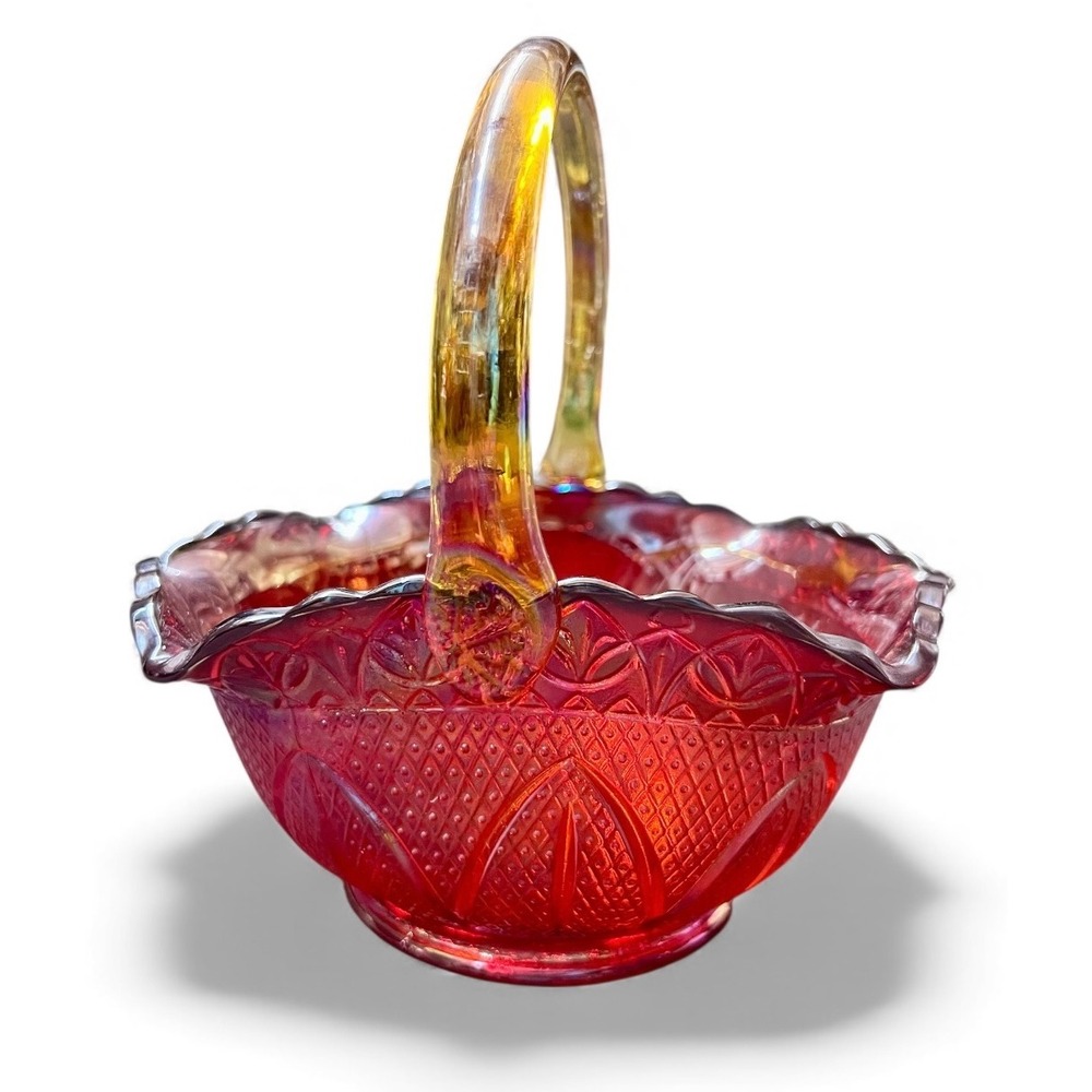 Carnival Glass Candy Dish Basket Hobnail Handle Iridescent Ruby Red Amber